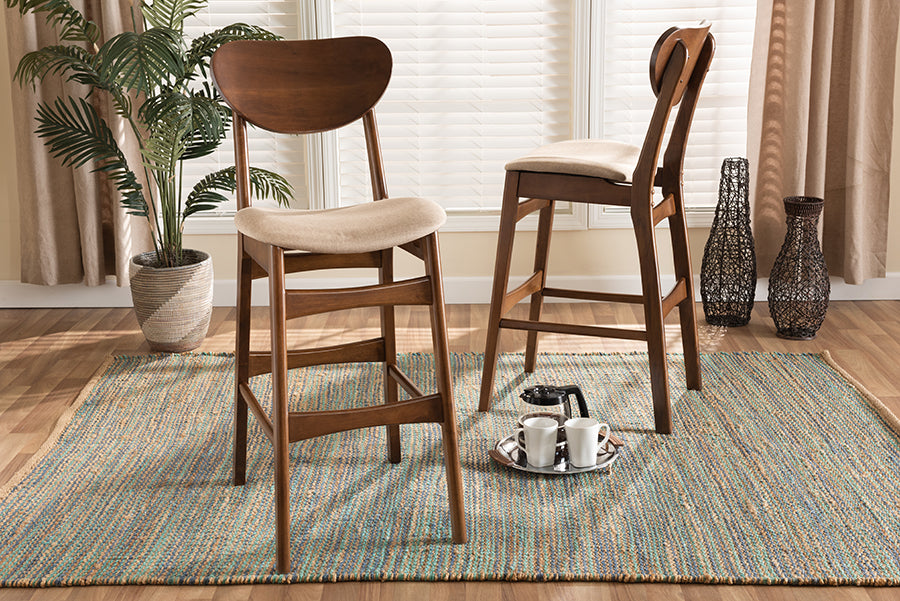 Baxton Studio Katya Mid-Century Modern Sand Fabric Upholstered and Walnut Brown Finished Wood 2-Piece Bar Stool Set