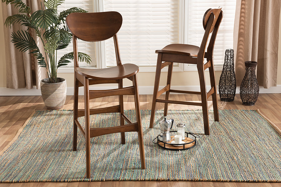 Baxton Studio Katya Mid-Century Modern Walnut Brown Finished Wood 2-Piece Bar Stool Set