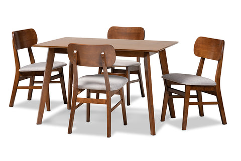 Baxton Studio Euclid Mid-Century Modern Grey Fabric Upholstered and Walnut Brown Finished Wood 5-Piece Dining Set