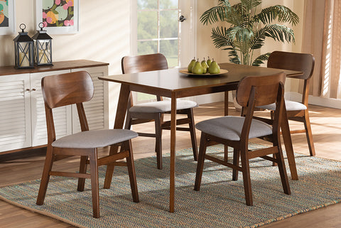 Baxton Studio Euclid Mid-Century Modern Grey Fabric Upholstered and Walnut Brown Finished Wood 5-Piece Dining Set