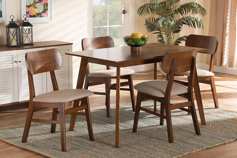 Baxton Studio Euclid Mid-Century Modern Sand Fabric Upholstered and Walnut Brown Finished Wood 5-Piece Dining Set