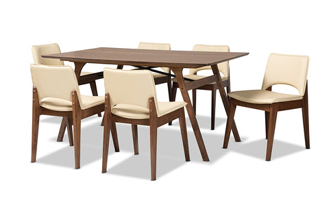 Baxton Studio Afton Mid-Century Modern Beige Faux Leather Upholstered and Walnut Brown Finished Wood 7-Piece Dining Set