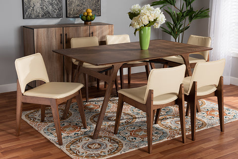 Baxton Studio Afton Mid-Century Modern Beige Faux Leather Upholstered and Walnut Brown Finished Wood 7-Piece Dining Set