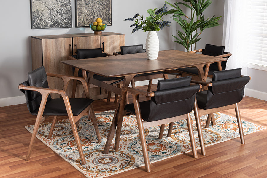 Baxton Studio Marcena Mid-Century Modern Black Imitation Leather Upholstered and Walnut Brown Finished Wood 7-Piece Dining Set