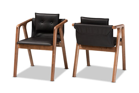 Baxton Studio Marcena Mid-Century Modern Black Imitation Leather Upholstered and Walnut Brown Finished Wood 2-Piece Dining Chair Set