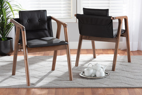 Baxton Studio Marcena Mid-Century Modern Black Imitation Leather Upholstered and Walnut Brown Finished Wood 2-Piece Dining Chair Set