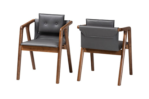 Baxton Studio Marcena Mid-Century Modern Grey Imitation Leather Upholstered and Walnut Brown Finished Wood 2-Piece Dining Chair Set