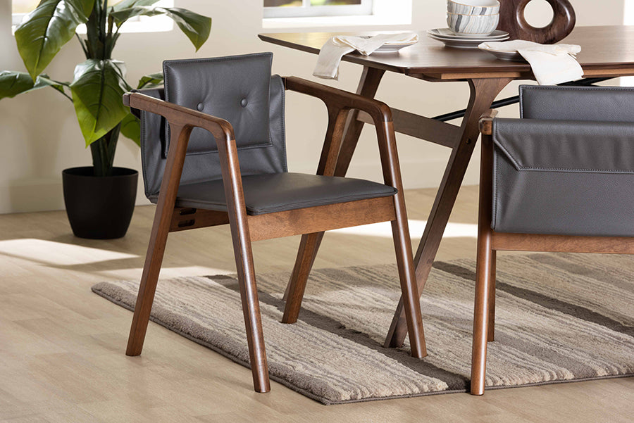 Baxton Studio Marcena Mid-Century Modern Grey Imitation Leather Upholstered and Walnut Brown Finished Wood 2-Piece Dining Chair Set