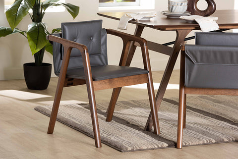 Baxton Studio Marcena Mid-Century Modern Grey Imitation Leather Upholstered and Walnut Brown Finished Wood 2-Piece Dining Chair Set