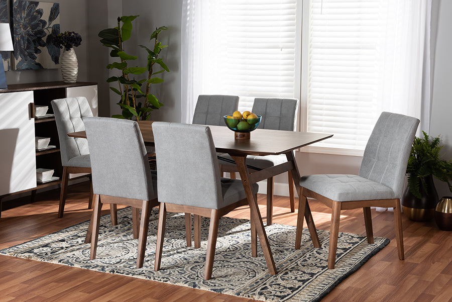 Baxton Studio Tara Mid-Century Modern Light Grey Fabric Upholstered and Walnut Brown Finished Wood 7-Piece Dining Set