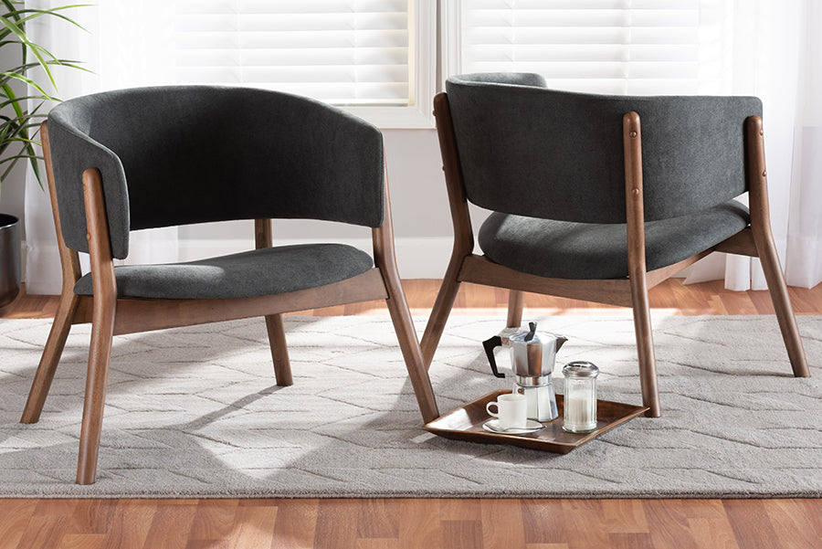 Baxton Studio Baron Mid-Century Modern Dark Grey Fabric Upholstered and Walnut Brown Finished Wood 2-Piece Living Room Accent Chair Set