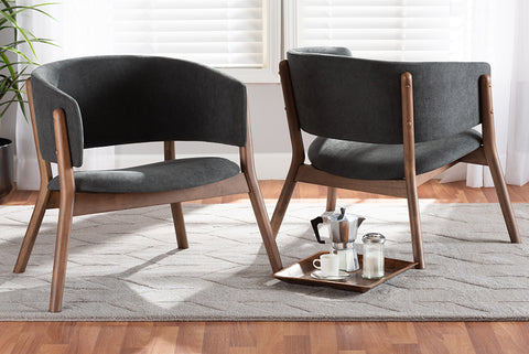 Baxton Studio Baron Mid-Century Modern Dark Grey Fabric Upholstered and Walnut Brown Finished Wood 2-Piece Living Room Accent Chair Set
