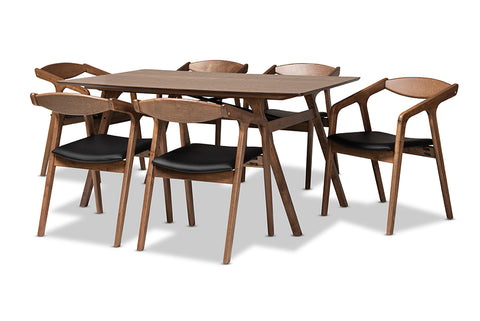 Baxton Studio Harland Mid-Century Modern Black Faux Leather Upholstered and Walnut Brown Finished Wood 7-Piece Dining Set