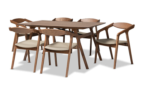 Baxton Studio Harland Mid-Century Modern Grey Faux Leather Upholstered and Walnut Brown Finished Wood 7-Piece Dining Set