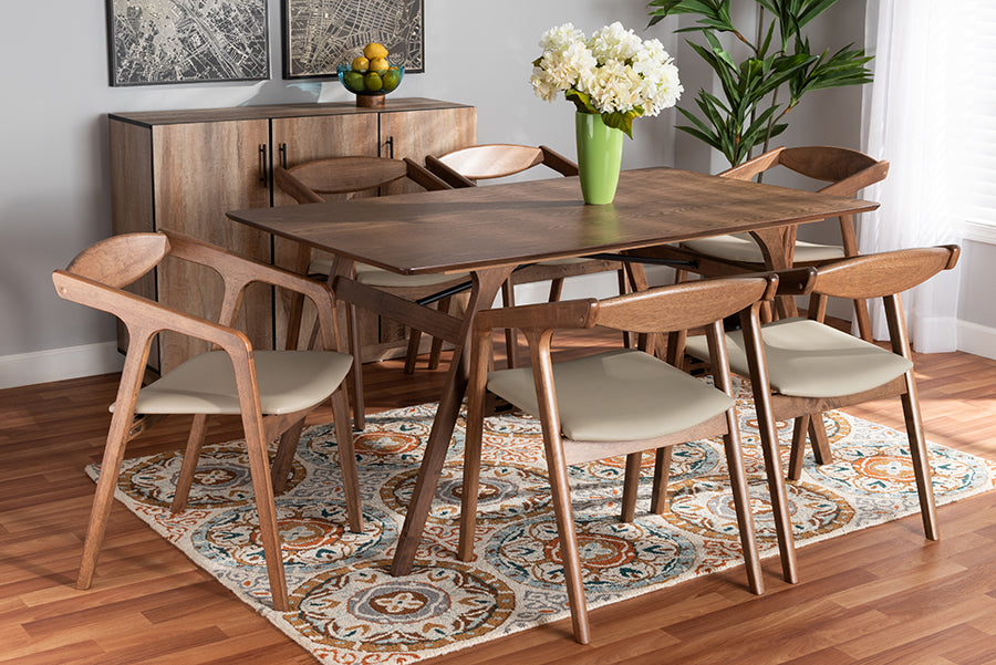 Baxton Studio Harland Mid-Century Modern Grey Faux Leather Upholstered and Walnut Brown Finished Wood 7-Piece Dining Set