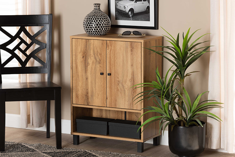 Baxton Studio Rossin Modern and Contemporary Oak Brown Finished Wood 2-Door Entryway Shoe Storage Cabinet with Bottom Shelf
