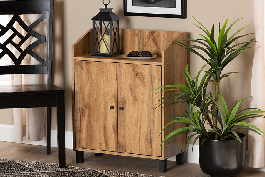 Baxton Studio Rossin Modern and Contemporary Oak Brown Finished Wood 2-Door Entryway Shoe Storage Cabinet with Top Shelf