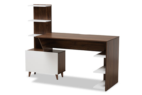 Baxton Studio Tobias Mid-Century Modern Two-Tone White and Walnut Brown Finished Wood Storage Computer Desk with Shelves