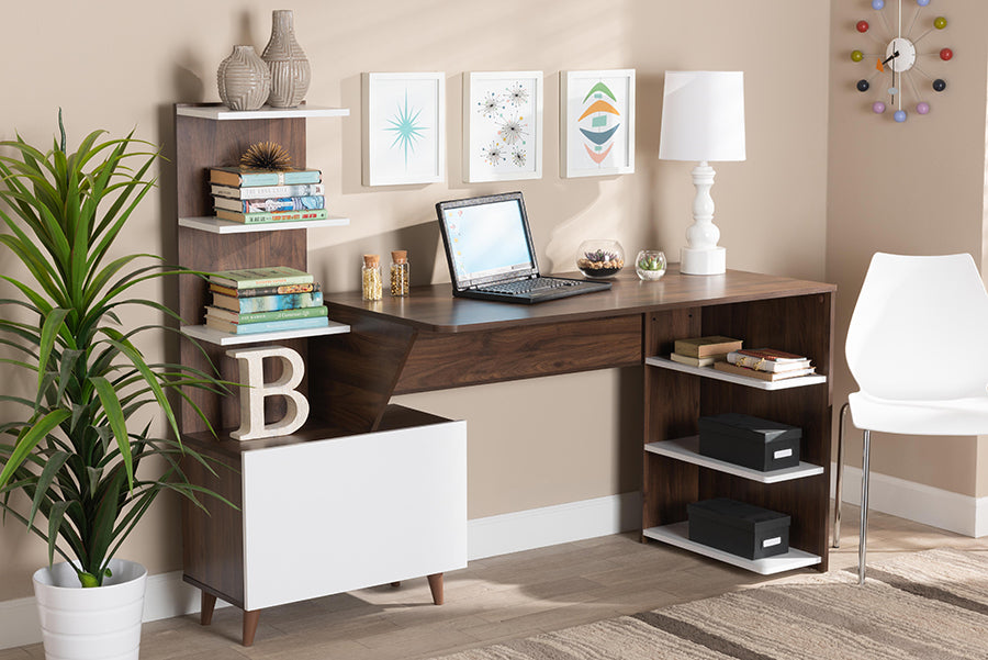 Baxton Studio Tobias Mid-Century Modern Two-Tone White and Walnut Brown Finished Wood Storage Computer Desk with Shelves