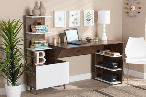 Baxton Studio Tobias Mid-Century Modern Two-Tone White and Walnut Brown Finished Wood Storage Computer Desk with Shelves