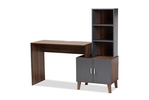 Baxton Studio Jaeger Modern and Contemporary Two-Tone Walnut Brown and Dark Grey Finished Wood Storage Desk with Shelves