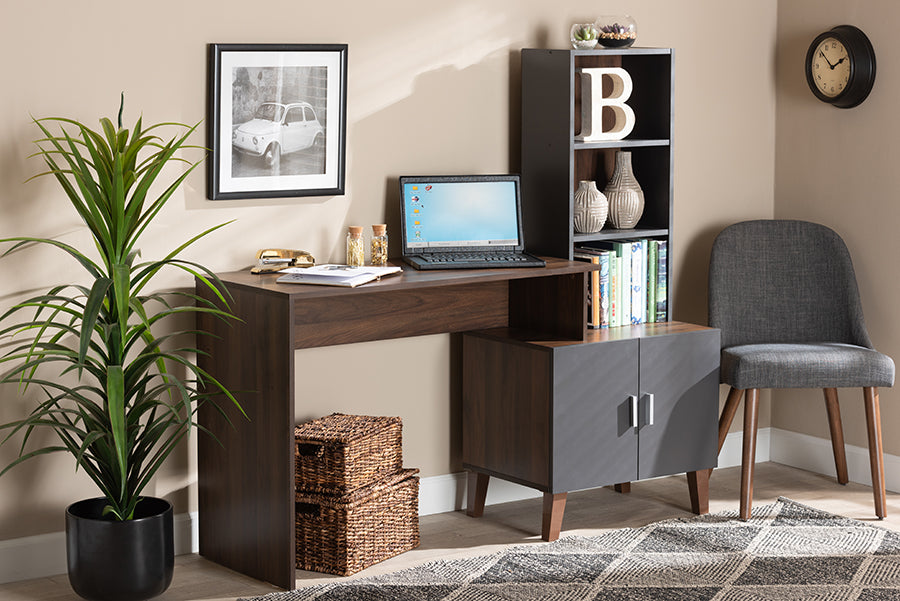 Baxton Studio Jaeger Modern and Contemporary Two-Tone Walnut Brown and Dark Grey Finished Wood Storage Desk with Shelves
