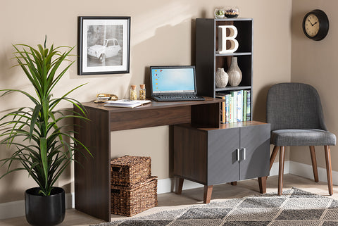 Baxton Studio Jaeger Modern and Contemporary Two-Tone Walnut Brown and Dark Grey Finished Wood Storage Desk with Shelves