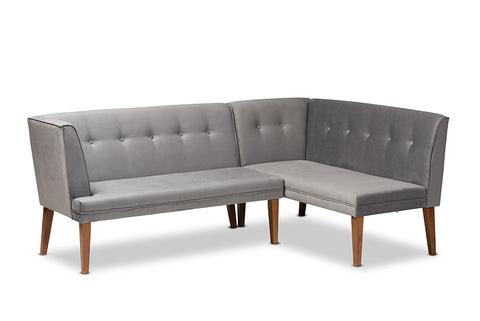 Baxton Studio Stewart Mid-Century Modern Grey Velvet Upholstered and Walnut Brown Finished Wood 2-Piece Dining Nook Banquette Set