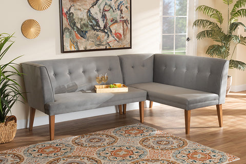 Baxton Studio Stewart Mid-Century Modern Grey Velvet Upholstered and Walnut Brown Finished Wood 2-Piece Dining Nook Banquette Set