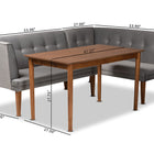 Baxton Studio Stewart Mid-Century Modern Grey Velvet Upholstered and Walnut Brown Finished Wood 3-Piece Dining Nook Set