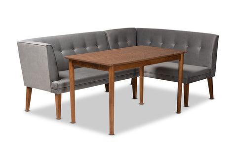 Baxton Studio Stewart Mid-Century Modern Grey Velvet Upholstered and Walnut Brown Finished Wood 3-Piece Dining Nook Set