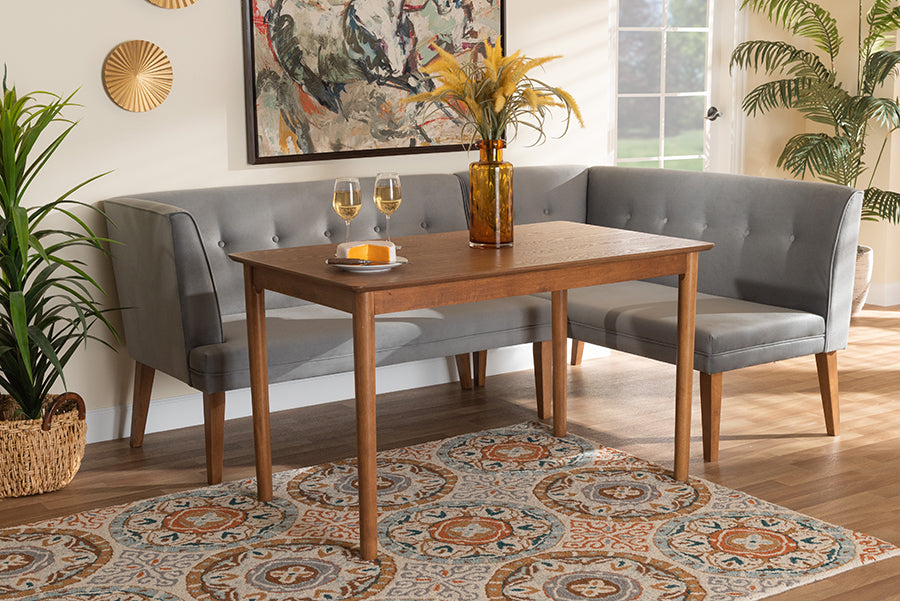 Baxton Studio Stewart Mid-Century Modern Grey Velvet Upholstered and Walnut Brown Finished Wood 3-Piece Dining Nook Set