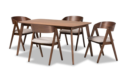 Baxton Studio Danton Mid-Century Modern Beige Fabric Upholstered and Walnut Brown Finished Wood 5-Piece Dining Set