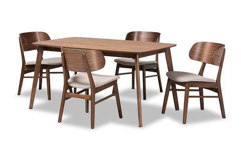 Baxton Studio Alston Mid-Century Modern Beige Fabric Upholstered and Walnut Brown Finished Wood 5-Piece Dining Set