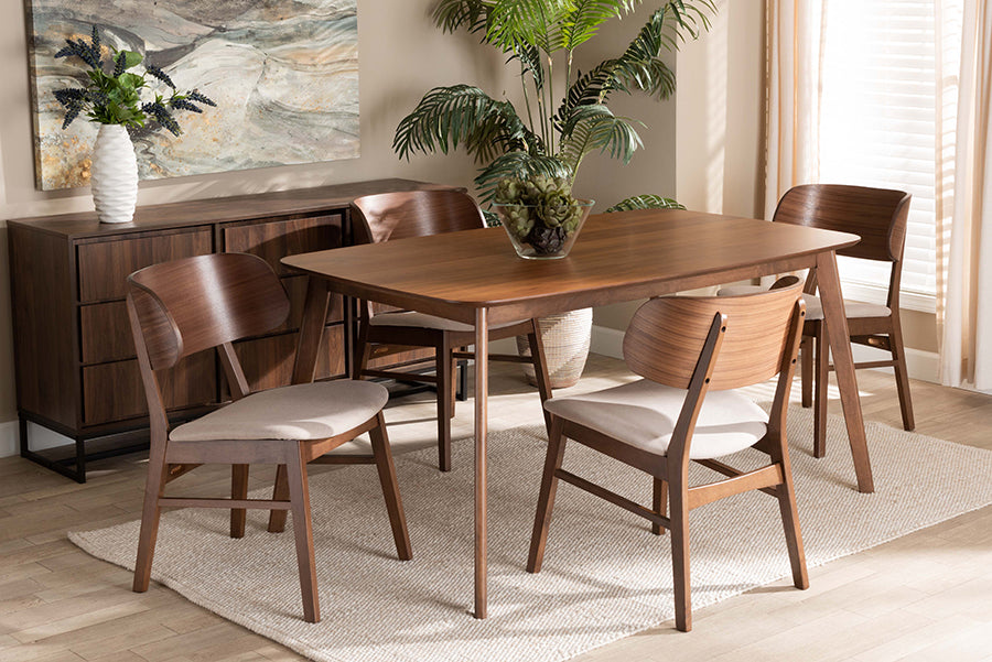 Baxton Studio Alston Mid-Century Modern Beige Fabric Upholstered and Walnut Brown Finished Wood 5-Piece Dining Set