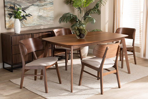 Baxton Studio Alston Mid-Century Modern Beige Fabric Upholstered and Walnut Brown Finished Wood 5-Piece Dining Set