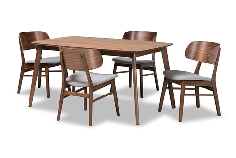 Baxton Studio Alston Mid-Century Modern Grey Fabric Upholstered and Walnut Brown Finished Wood 5-Piece Dining Set