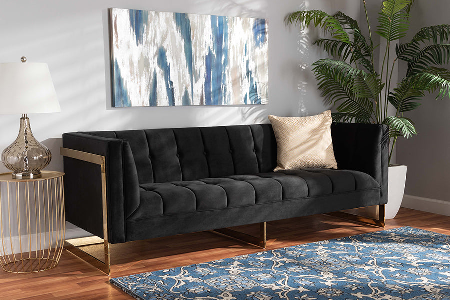 Baxton Studio Ambra Glam and Luxe Black Velvet Upholstered and Button Tufted Sofa with Gold-Tone Frame