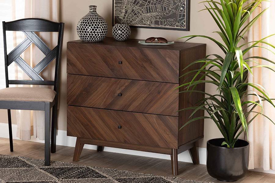 Baxton Studio Hartman Mid-Century Modern Walnut Brown Finished Wood 3-Drawer Storage Chest