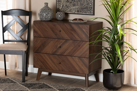 Baxton Studio Hartman Mid-Century Modern Walnut Brown Finished Wood 3-Drawer Storage Chest
