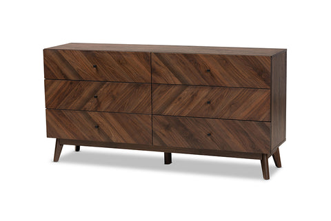 Baxton Studio Hartman Mid-Century Modern Walnut Brown Finished Wood 6-Drawer Dresser