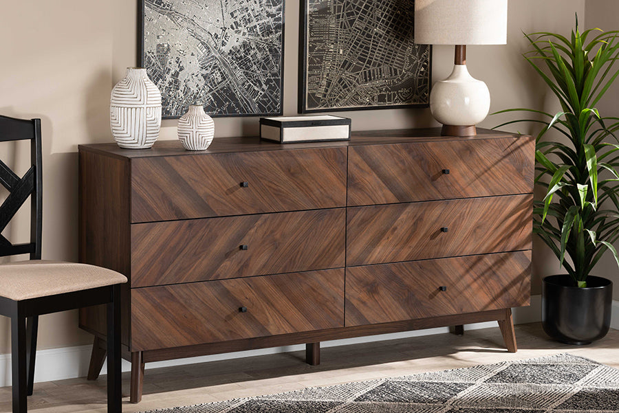 Baxton Studio Hartman Mid-Century Modern Walnut Brown Finished Wood 6-Drawer Dresser