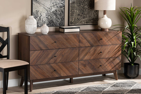 Baxton Studio Hartman Mid-Century Modern Walnut Brown Finished Wood 6-Drawer Dresser