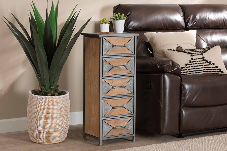 Baxton Studio Laurel Rustic Industrial Antique Grey Finished Metal and Whitewashed Oak Brown Finished Wood 5-Drawer Accent Storage Cabinet