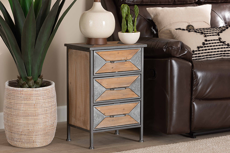 Baxton Studio Laurel Rustic Industrial Antique Grey Finished Metal and Whitewashed Oak Brown Finished Wood 3-Drawer End Table