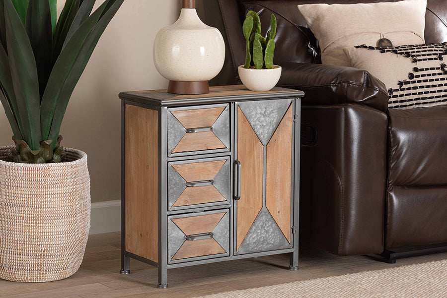 Baxton Studio Laurel Rustic Industrial Antique Grey Finished Metal and Whitewashed Oak Brown Finished Wood 3-Drawer Accent Storage Cabinet
