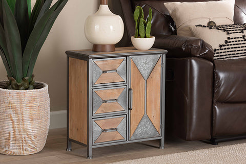 Baxton Studio Laurel Rustic Industrial Antique Grey Finished Metal and Whitewashed Oak Brown Finished Wood 3-Drawer Accent Storage Cabinet