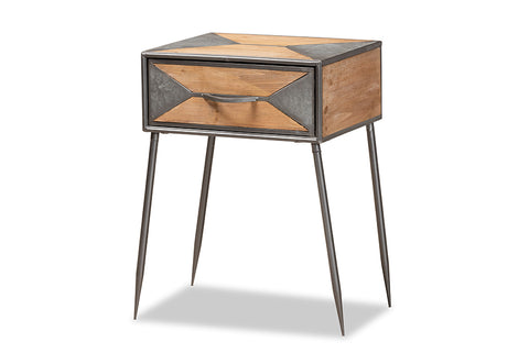 Baxton Studio Laurel Rustic Industrial Antique Grey Finished Metal and Whitewashed Oak Brown Finished Wood 1-Drawer End Table