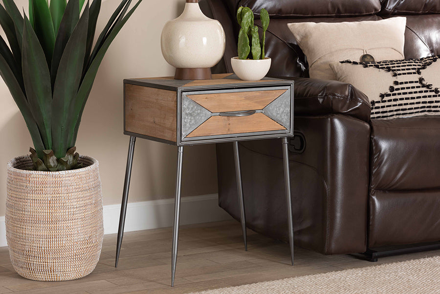 Baxton Studio Laurel Rustic Industrial Antique Grey Finished Metal and Whitewashed Oak Brown Finished Wood 1-Drawer End Table