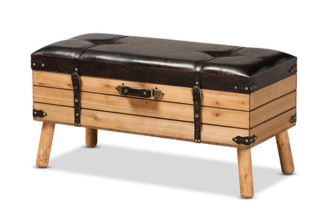 Baxton Studio Amena Rustic Transitional Dark Brown PU Leather Upholstered and Oak Finished Wood Large Storage Ottoman